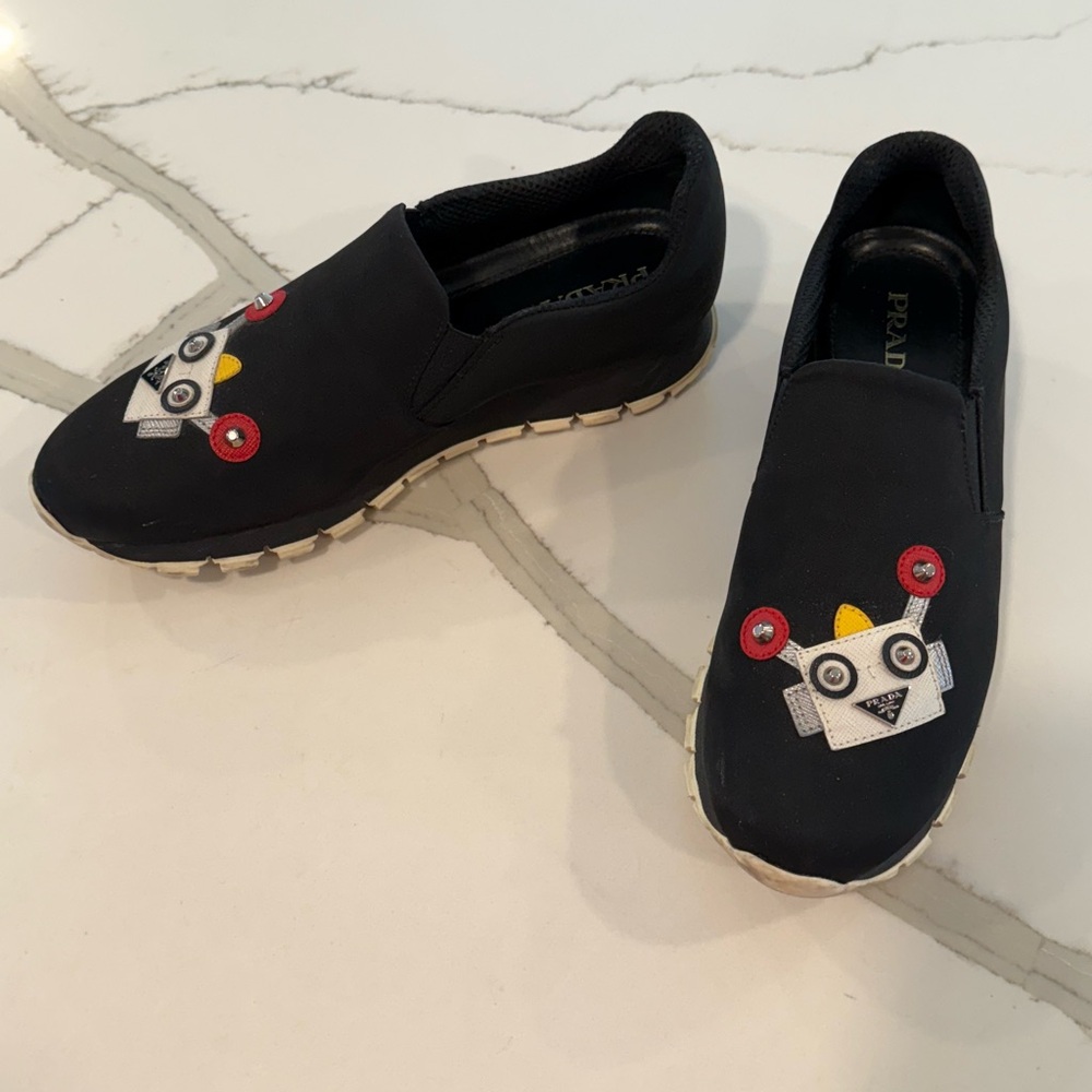 PRADA Triangle Logo Robot Slip-On Sneakers Black Nylon Leather Women EU 40